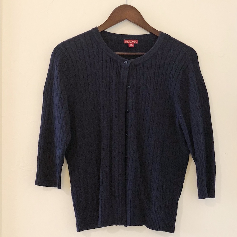 Navy blue cable-knit cardigan